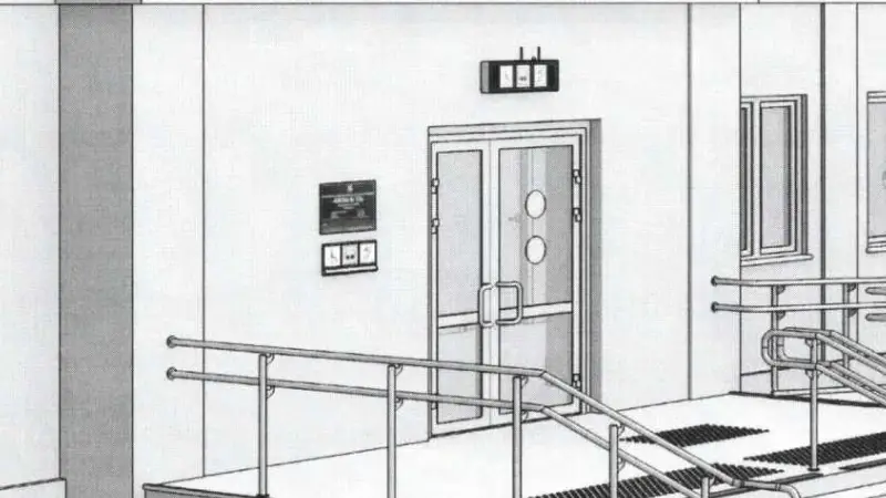 Пример размещения информационного (визуально- акустического)табло над дверью входной группы для обозначения доступности объекта и дополнительной информации о его назначении