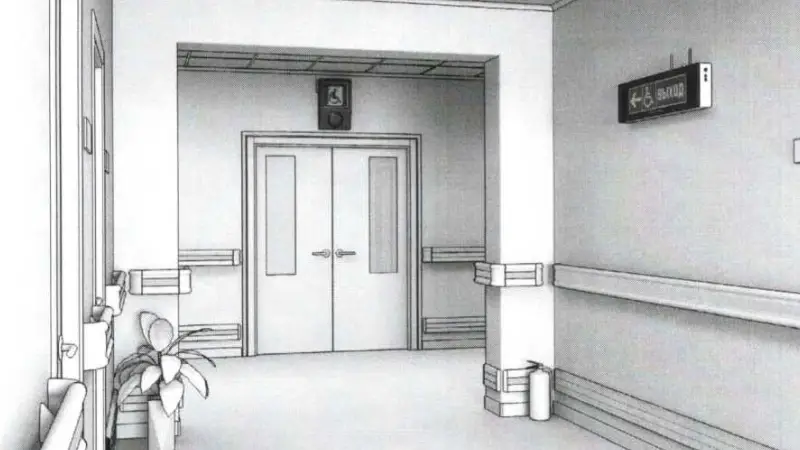 Пример размещения на стене информационного (визуально-акустического) табло для указания направления движения к эвакуационному выходу,доступному для МГН, в том числе на креслах-колясках