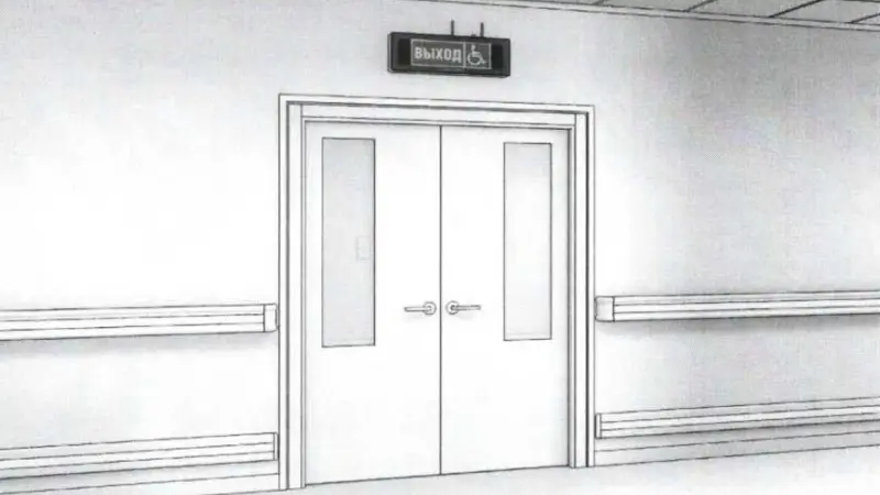 Пример размещения над дверью информационного(визуально-акустического) табло для обозначения эвакуационного выхода, доступного для МГН, в том числе на креслах-колясках