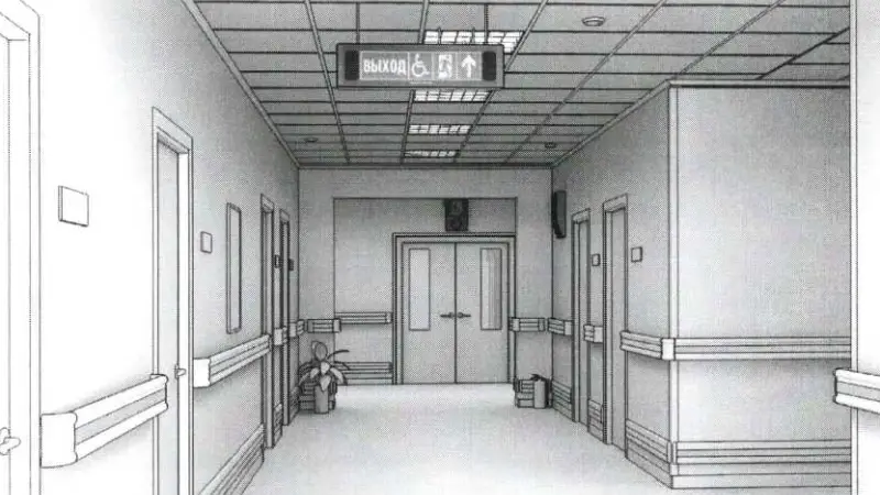 Пример размещения в коридоре двухстороннего информационного (визуально-акустического) табло для обозначения направления движения к эвакуационному выходу