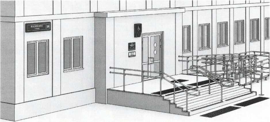 Пример размещения светозвукового маяка рядом с дверью входной группы для обозначения доступности объекта и дополнительной информации о его назначении