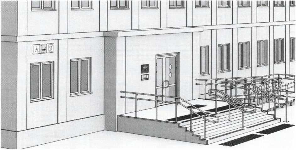 Пример размещения светозвукового маяка рядом с дверью входной группы для обозначения доступности объекта и дополнительной информации о его назначении