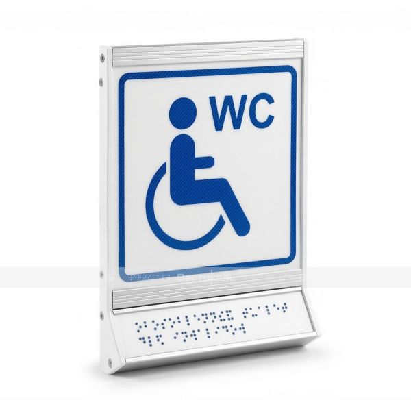 Пиктограмма тактильная, модульная "Обособленный туалет доступный для инвалидов на кресле-коляске", с наклонным белым полем, синим шрифтом, одинарная – фото № 1