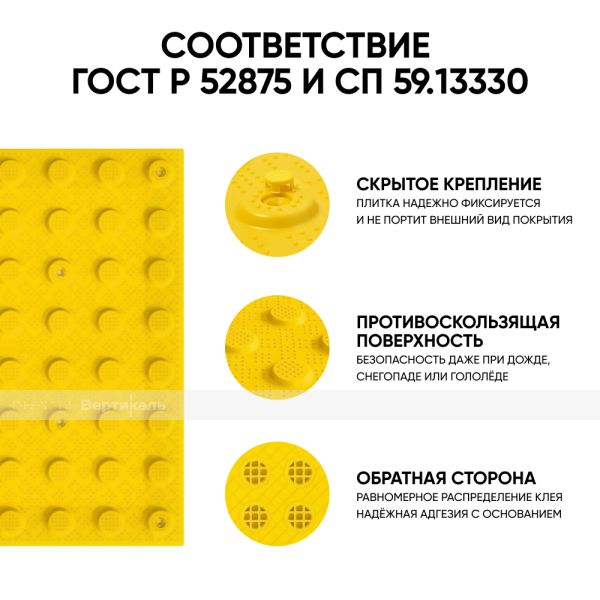 Плитка тактильная (преодолимое препятствие, поле внимания, конусы линейные) противоскользящая, 500х500х5, ПУ, желтый – фото № 3