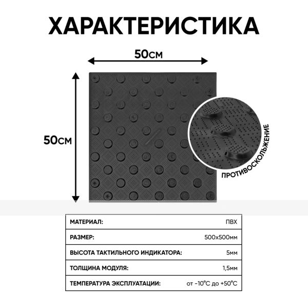 Плитка тактильная (непреодолимое препятствие, конусы шахматные) противоскользящая, 500х500х5, ПВХ, черный – фото № 2